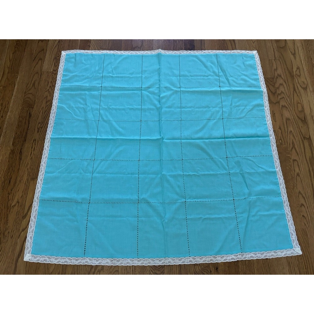 Vtg Square Tablecloth 42x43.5 Robins Egg Blue White Lace Trim 70s